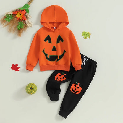 Citgeett Autumn Halloween Kids Boys Girls Outfit Pumpkin Print Long Sleeve Hooded Sweatshirt Pants Fall Clothes Set