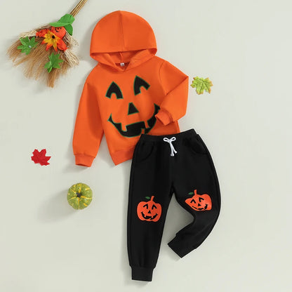 Citgeett Autumn Halloween Kids Boys Girls Outfit Pumpkin Print Long Sleeve Hooded Sweatshirt Pants Fall Clothes Set