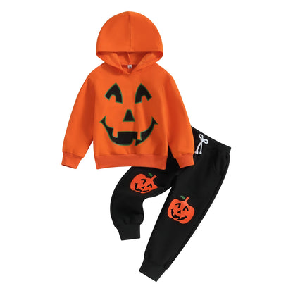 Citgeett Autumn Halloween Kids Boys Girls Outfit Pumpkin Print Long Sleeve Hooded Sweatshirt Pants Fall Clothes Set