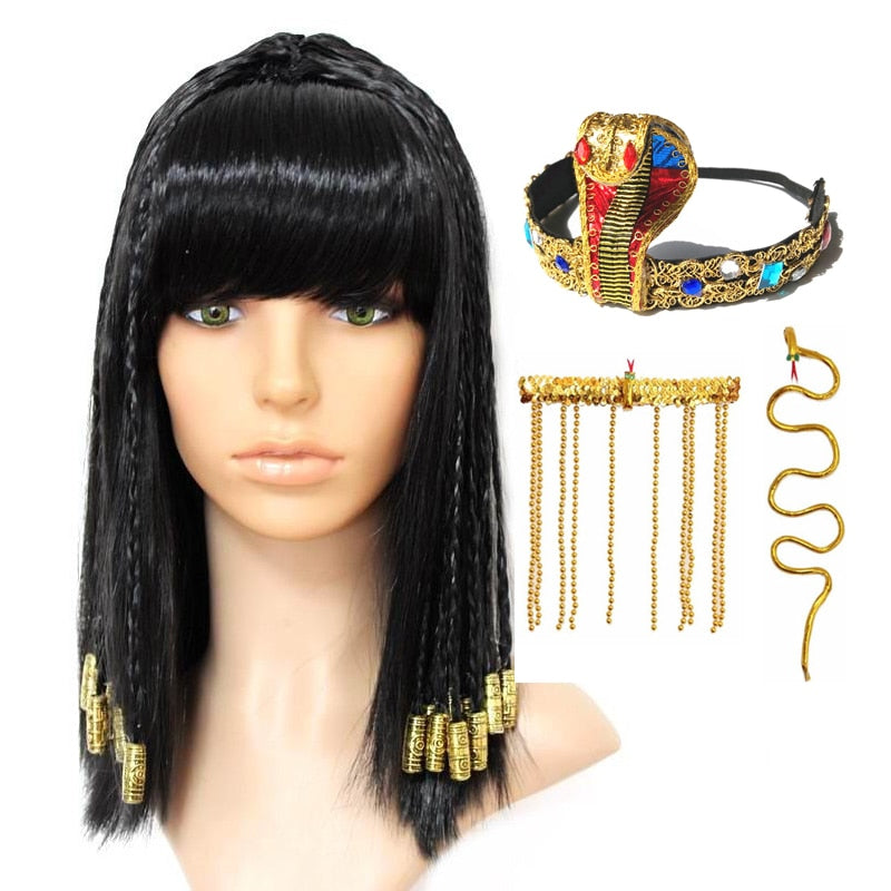 Cleopatra Wig Woman Egypt Queen Black Hair Gold Beads Cleopatra Accessorie Headpie Dance Halloween Party Role Play Cosplay Wigs