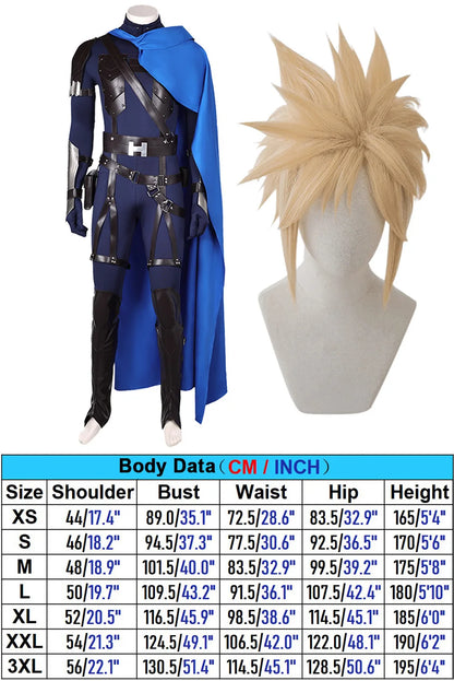 Cloud Strife Cosplay Fantasia Blue Cloak Combat Suits Wig Anime Game Final Fantasia VII Costume Disguise Men Fantasy Halloween