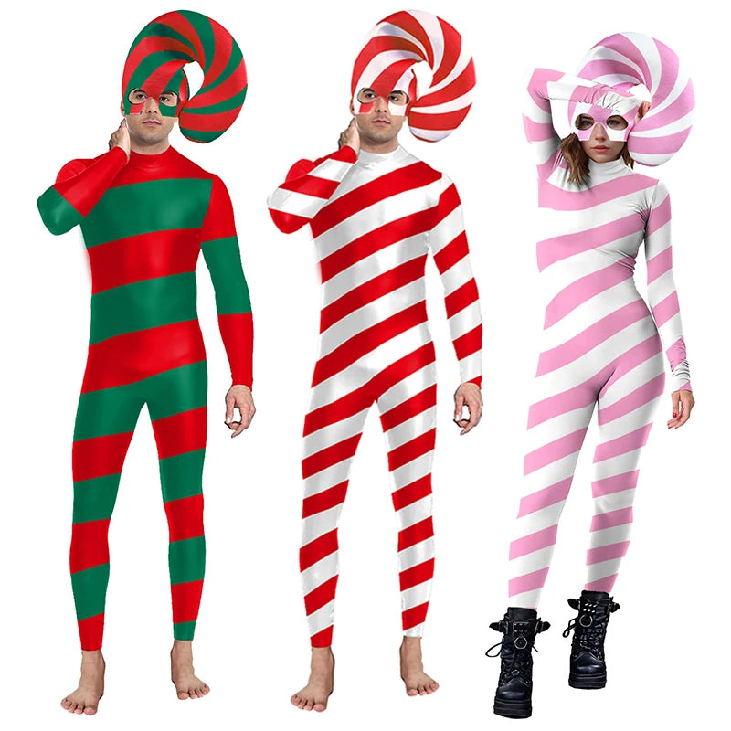 Color Cosplayer Candy Cane Jumpsuit Stripe Cosplay Costume Halloween Outfit Festival Bodysuit Christmas Party Zentai Suit