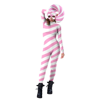 Color Cosplayer Candy Cane Jumpsuit Stripe Cosplay Costume Halloween Outfit Festival Bodysuit Christmas Party Zentai Suit