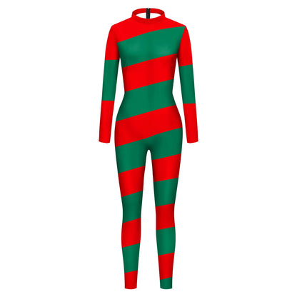 Color Cosplayer Candy Cane Jumpsuit Stripe Cosplay Costume Halloween Outfit Festival Bodysuit Christmas Party Zentai Suit