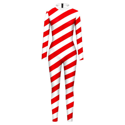 Color Cosplayer Candy Cane Jumpsuit Stripe Cosplay Costume Halloween Outfit Festival Bodysuit Christmas Party Zentai Suit