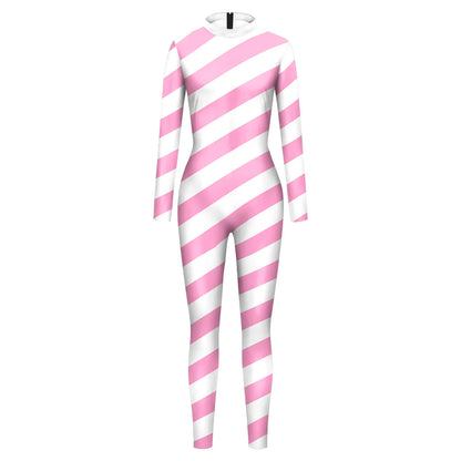 Color Cosplayer Candy Cane Jumpsuit Stripe Cosplay Costume Halloween Outfit Festival Bodysuit Christmas Party Zentai Suit