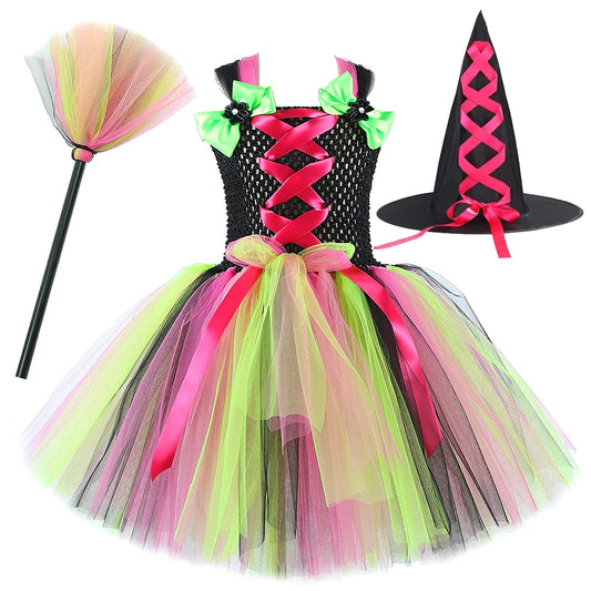 Colorful Witch Halloween Costumes for Girls Carnival Party Fancy Dresses with Witch Hat Broom Cosplay Outfits for Kids Clothes