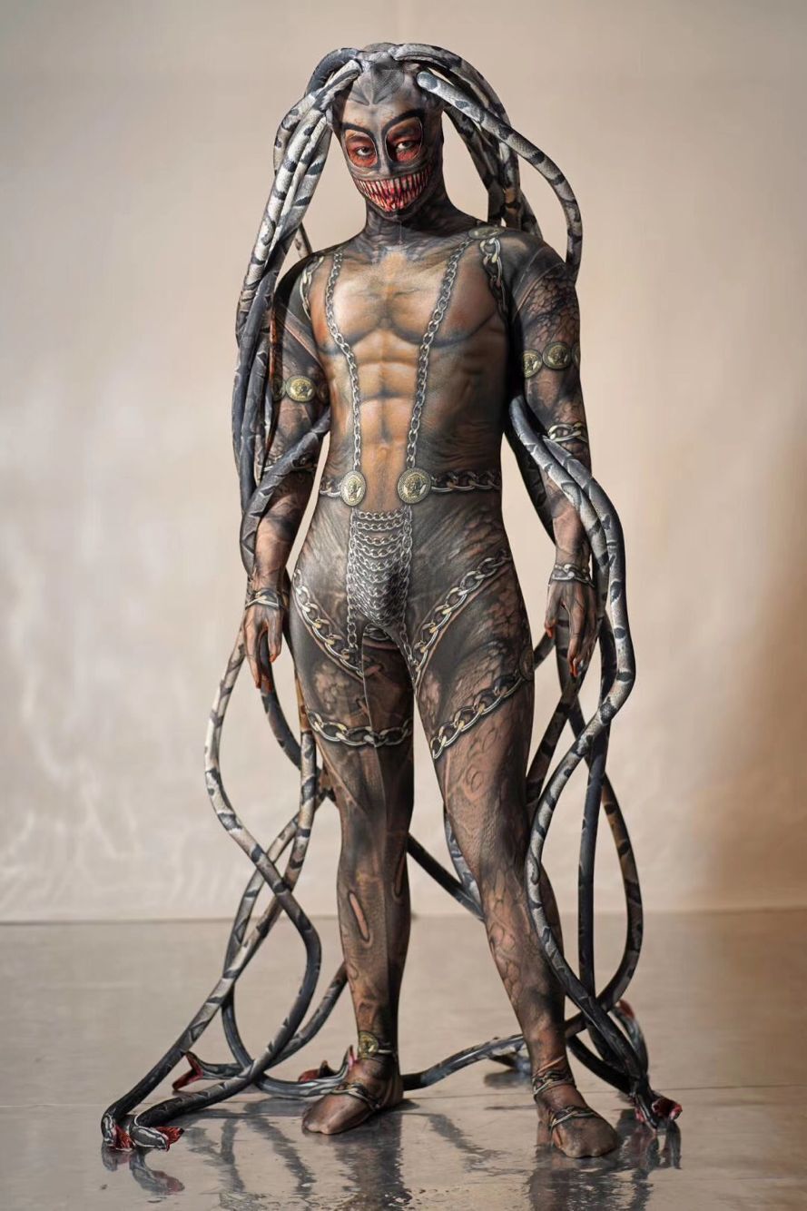 Cool Men Medusa Siamese Bodysuit Stage Show Catwalk Model Halloween Party Event Print Alien Snake Costumes Cosplay  Party Suit