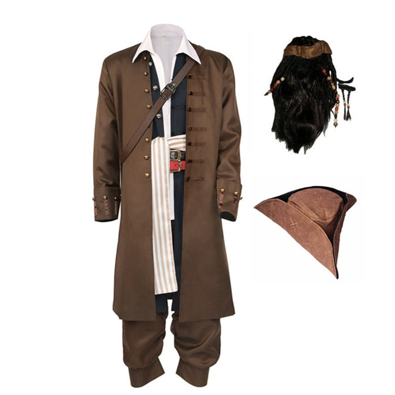 Captain Jack Sparrow Cosplay Costume Coat Jacket Adult Hat Wig Suits Halloween Carnival Costume