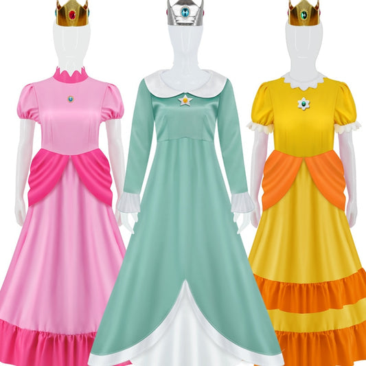 Princess Peach Cosplay Costume Peach Pink Dress Adult Rosalina Blue Dress Crown Suits Kids Halloween Cosplay Costume