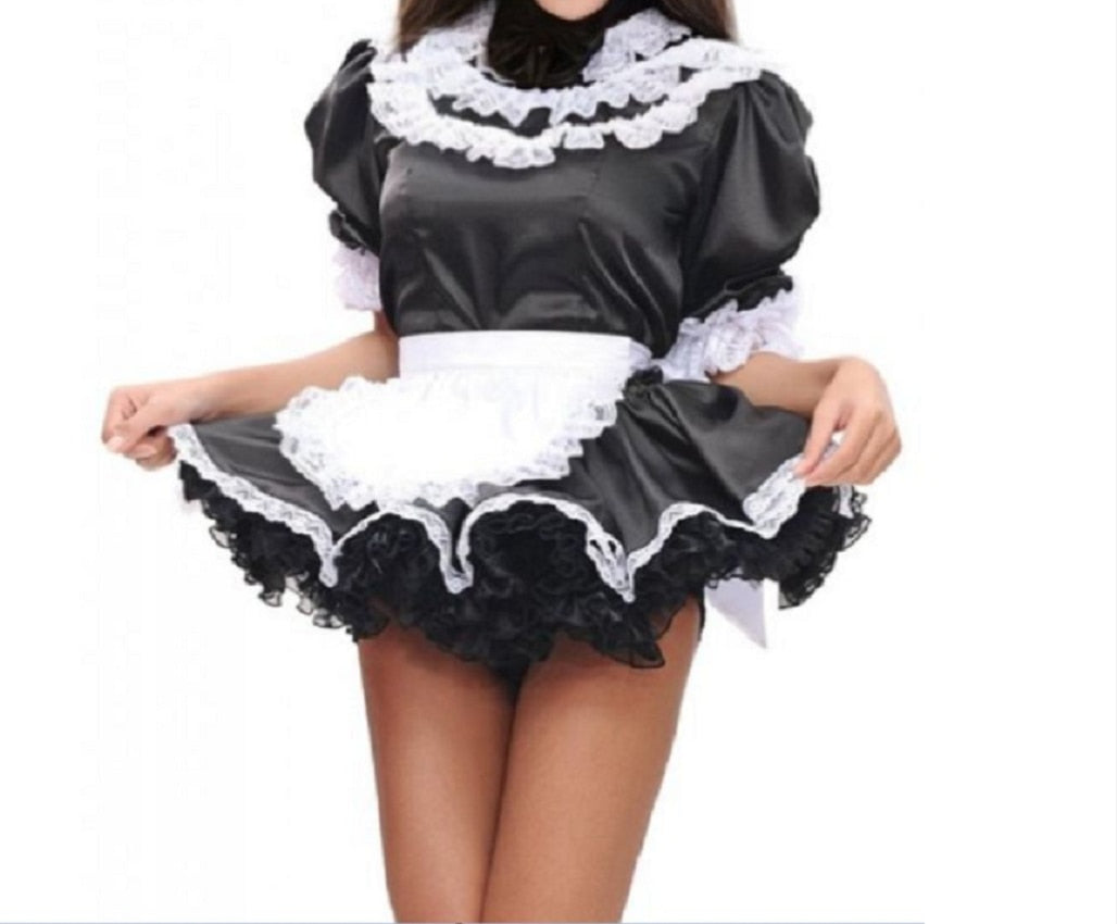 Cosplay Lockable Sissy Black Satin Mid Neck Lace Fluffy Puff Sleeves Separate Apron Dress Gothic Maid Costume Halloween Costume