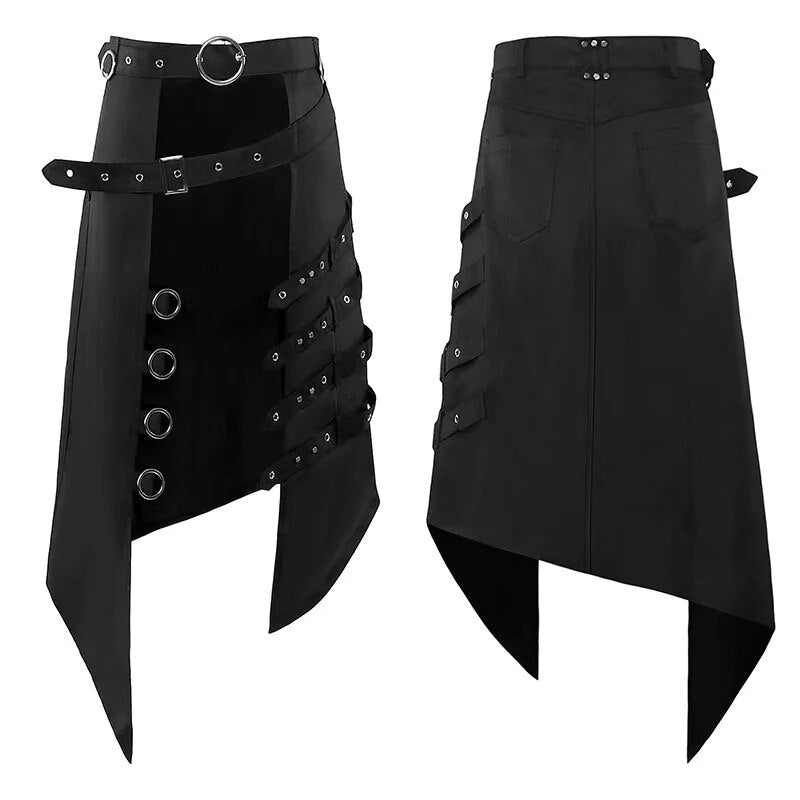 Cosplay Punk Pleated Skirt Men's Gothic Leather Belt Medieval Roman Warrior Kilt Metal  Asymmetry Black Halloween Costume