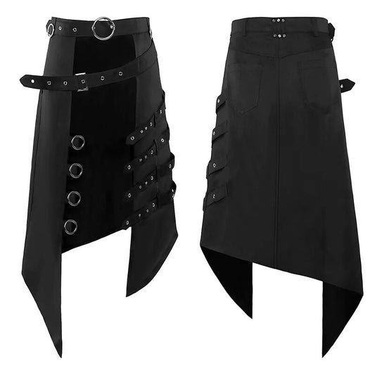 Cosplay Punk Pleated Skirt Men's Gothic Leather Belt Medieval Roman Warrior Kilt Metal  Asymmetry Black Halloween Costume