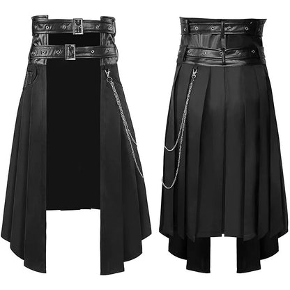 Cosplay Punk Pleated Skirt Men's Gothic Leather Belt Medieval Roman Warrior Kilt Metal  Asymmetry Black Halloween Costume