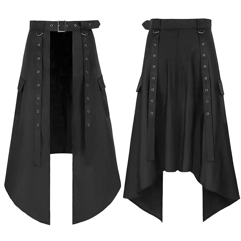 Cosplay Punk Pleated Skirt Men's Gothic Leather Belt Medieval Roman Warrior Kilt Metal  Asymmetry Black Halloween Costume