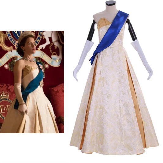 Crown Season 2 Queen Elizabeth  Cosplay Costume Adult Women Wedding Dress Princess Ball Gown