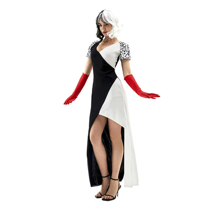 Cruella De Vil 101 Dalmatians Dress Cloak Halloween Costumes for Woman Adult Witch Cruella Cosplay Anime Figure Suits Robe Cloth