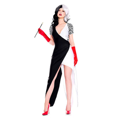 Cruella De Vil 101 Dalmatians Dress Cloak Halloween Costumes for Woman Adult Witch Cruella Cosplay Anime Figure Suits Robe Cloth