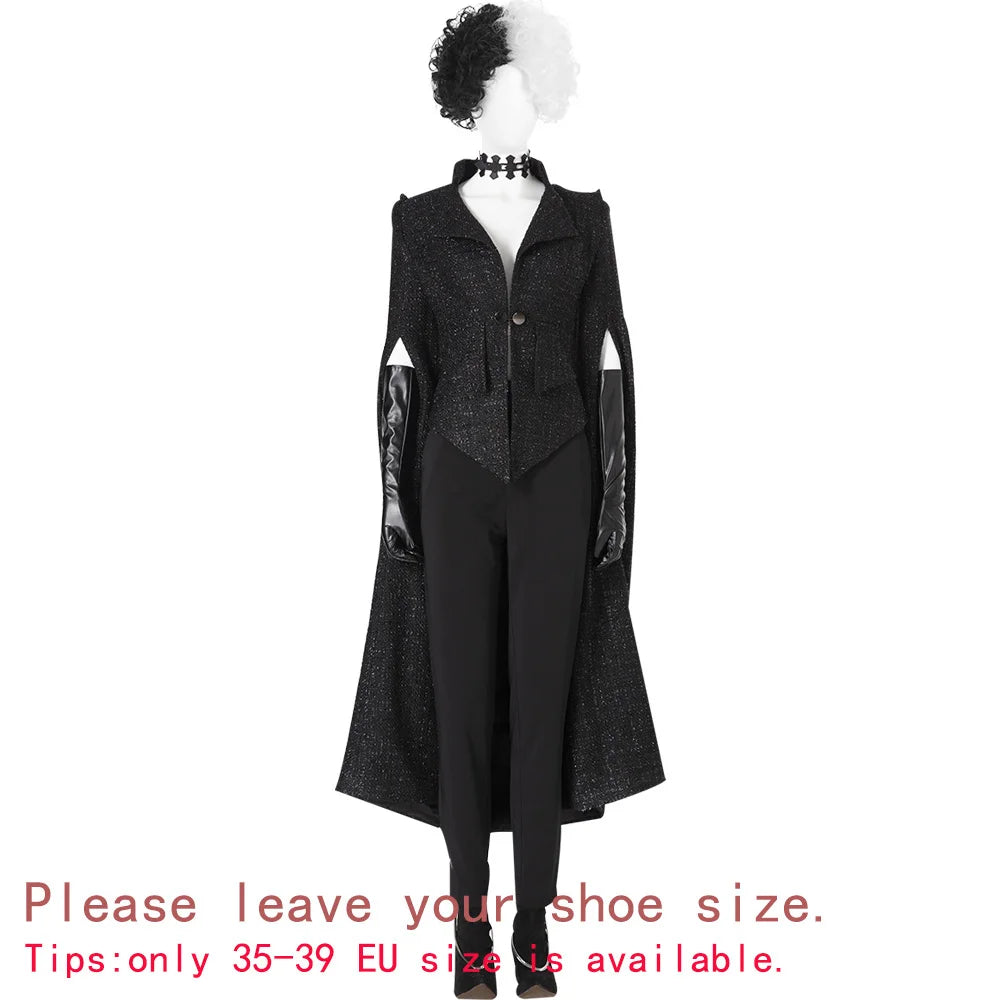 Cruella Villain Cosplay Costume Black Uniform Wig Boots Gloves Necklace for Halloween Carnival Party Set Plus Size Custom Made