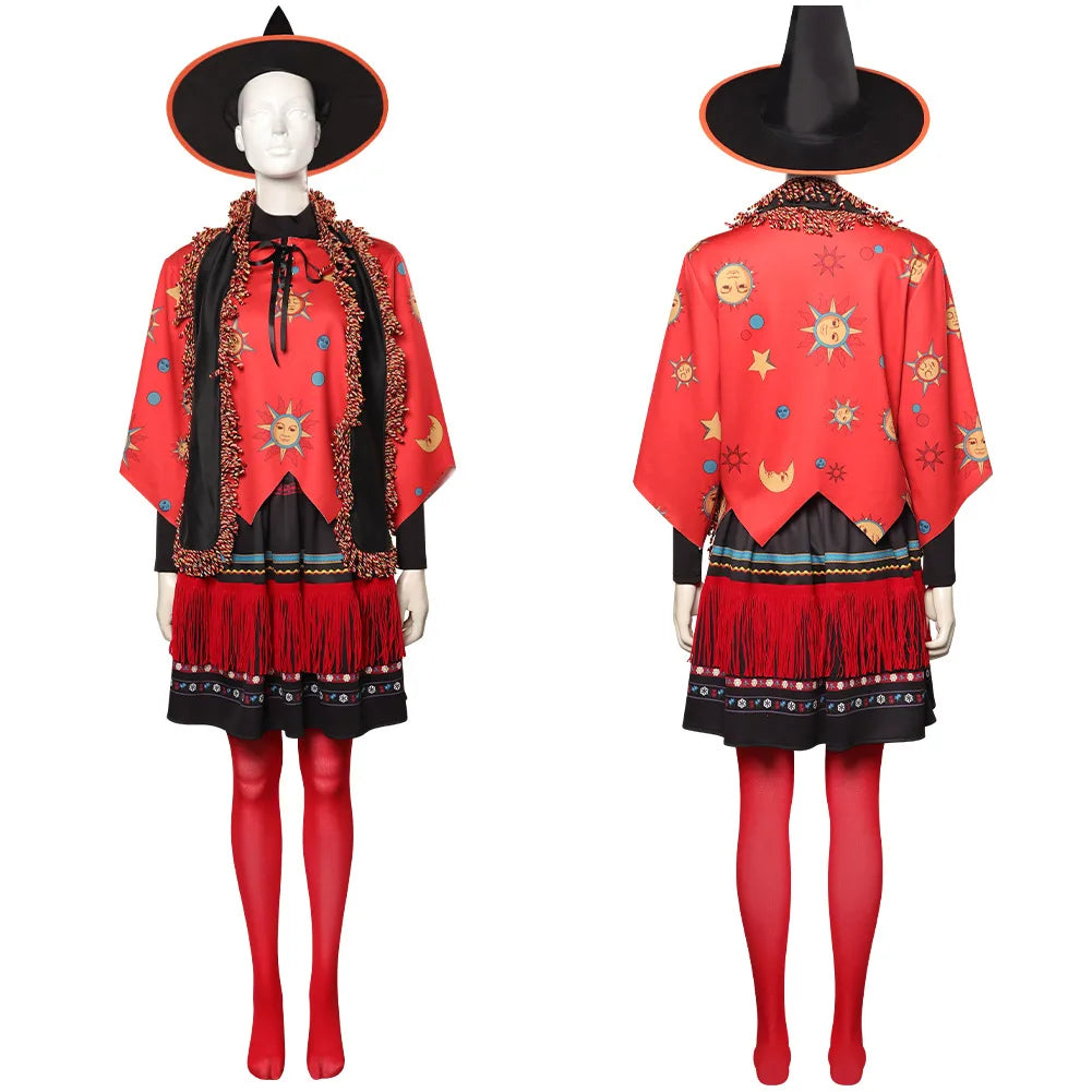 Dani Dennison Cosplay Costume Witch Hat Red Fringed Cape and Dress Outfit