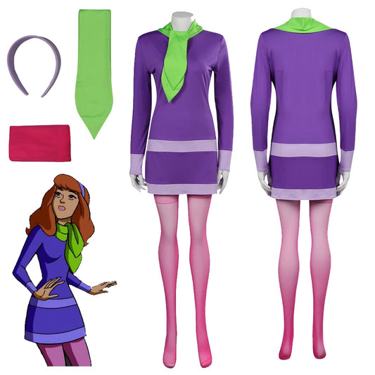 Daphne Blake Cosplay Costume Fantasy TV Scooby Cosplay Doo Disguise Dress Headband Socks Set Girls Fantasy Cloth Halloween