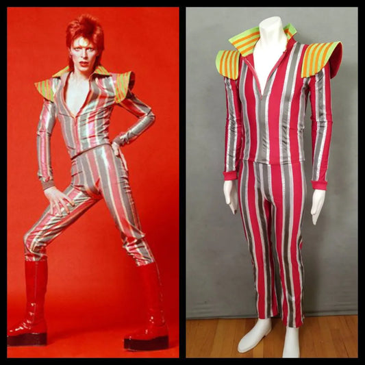 David Legend Bowie Cosplay Costume The Album Ziggy Stardust Striped Two Pieces Suit with High Collar for Men Halloween Outfits