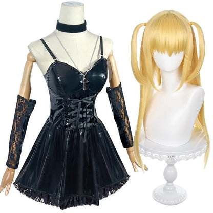 Death Note Misa Cosplay Costume Sexy Women Dress Anime Black Cross Necklace Neck Ring Full Set Golden Wig Halloween Carnival