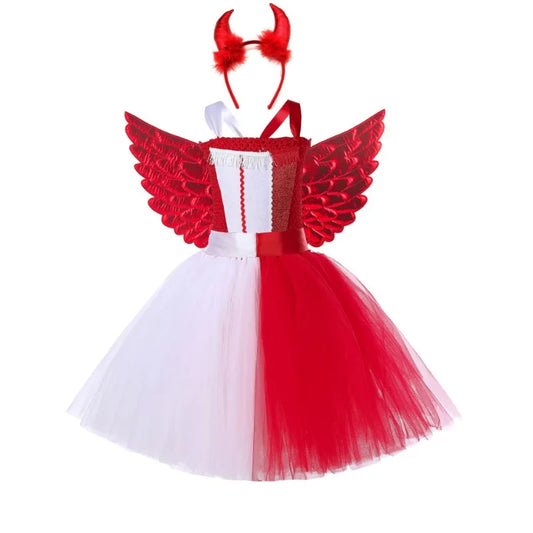 Demon Angel Costume for Girls Carnival Party Tutu Princess Dress Vestido Halloween Costume for Kids Cosplay Dresses with Wings