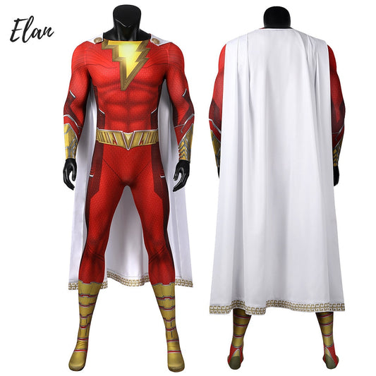 Disguise Billy Zentai Suit Red Man Shazam Cosplay Costume Outfit with Suit and Cloak 3D Printed Halloween Spandex Bodysuit