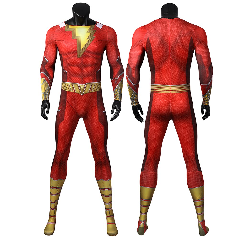Disguise Billy Zentai Suit Red Man Shazam Cosplay Costume Outfit with Suit and Cloak 3D Printed Halloween Spandex Bodysuit