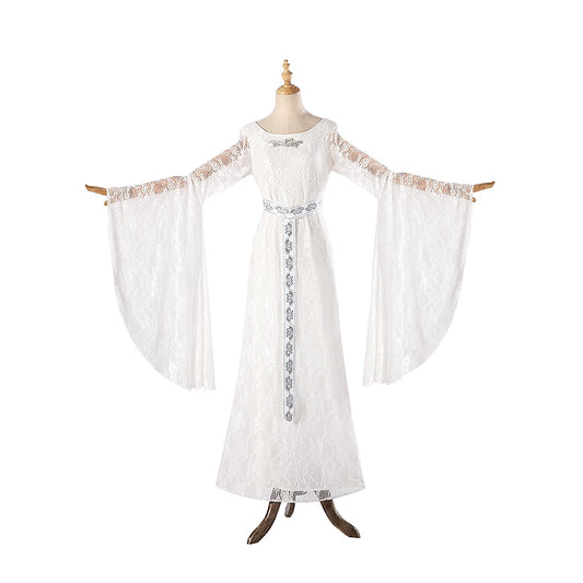 Galadriel White Lace Dress Cosplay Costume with Belt for Women