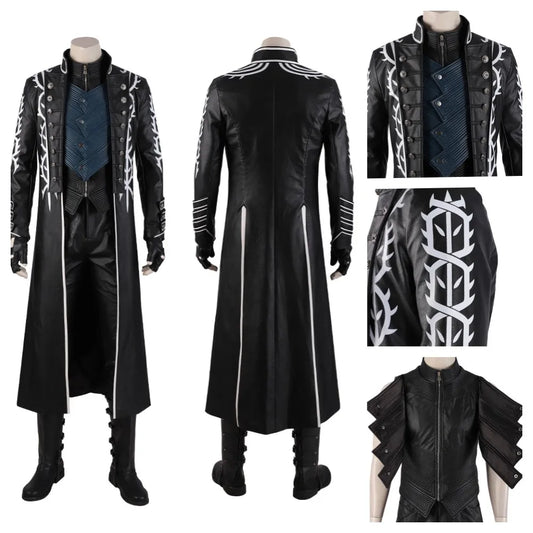 Vergil Cosplay Costume Long Faux Leather Trench Coat Devil May Cry 5 Custom Size Elegant Design