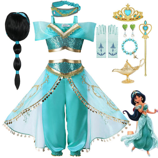 Girls Jasmine Dress Aladdin Princess Magic Lamp Carnival Clothing Vestidos Halloween Party Cosplay Costume