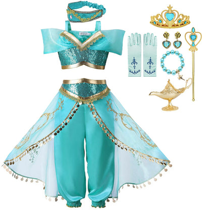 Girls Jasmine Dress Aladdin Princess Magic Lamp Carnival Vestidos Halloween Party Cosplay Costume