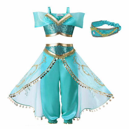 Girls Jasmine Dress Aladdin Princess Magic Lamp Carnival Vestidos Halloween Party Cosplay Costume