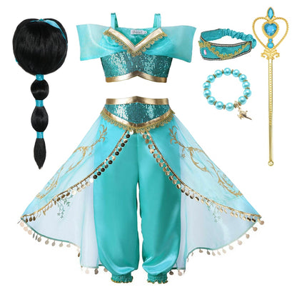 Girls Jasmine Dress Aladdin Princess Magic Lamp Carnival Clothing Vestidos Halloween Party Cosplay Costume