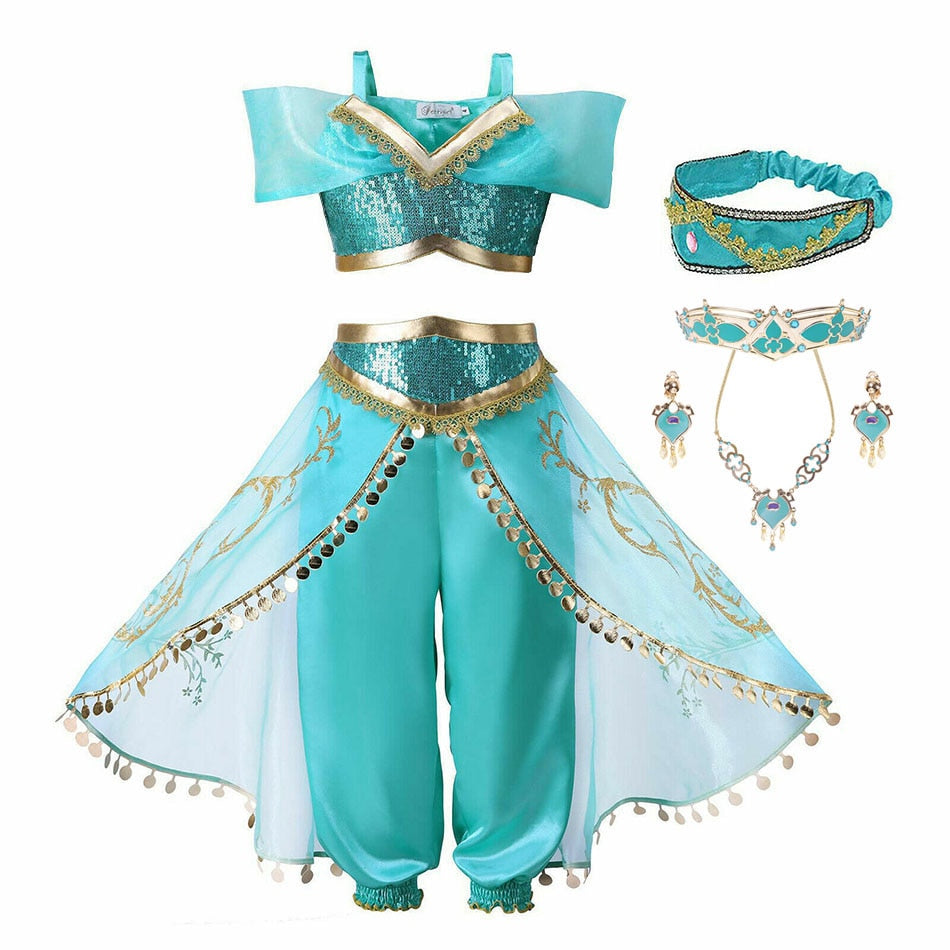 Girls Jasmine Dress Aladdin Princess Magic Lamp Carnival Vestidos Halloween Party Cosplay Costume