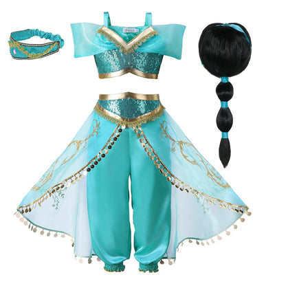 Girls Jasmine Dress Aladdin Princess Magic Lamp Carnival Clothing Vestidos Halloween Party Cosplay Costume