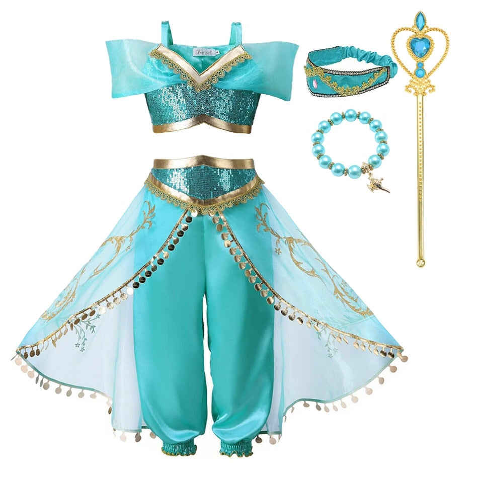 Girls Jasmine Dress Aladdin Princess Magic Lamp Carnival Vestidos Halloween Party Cosplay Costume