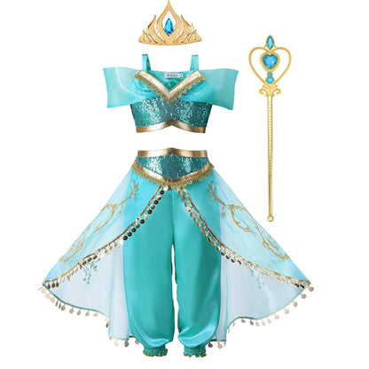 Girls Jasmine Dress Aladdin Princess Magic Lamp Carnival Vestidos Halloween Party Cosplay Costume