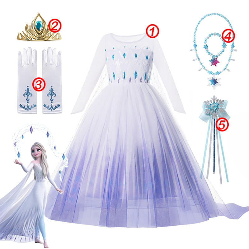 Frozen Costume Princess Dress for Girls White Sequined Mesh Ball Gown Carnival Clothing Kids Cosplay Snow Queen Elsa Anna