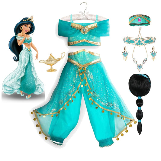 Jasmine Dress Aladdin Princess Magic Lamp Girls Birthday Party Cosplay Costume Top+Pant+Headband Carnival Clothes Vestido