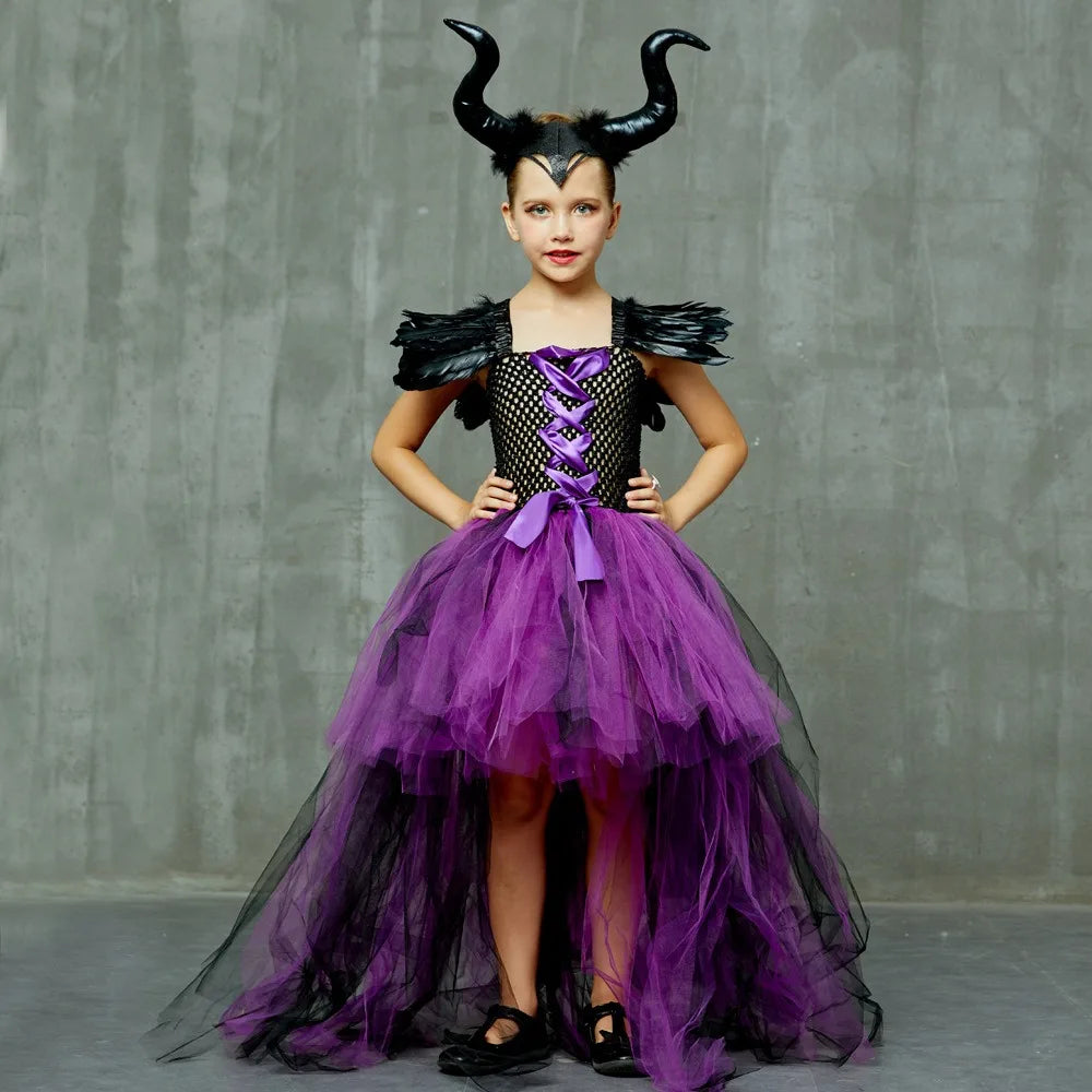 Maleficent Halloween Costume Maleficent Tulle Dresses Girls Cosplay Evil Queen Purple Mesh Princess Dress Kids Crow Wand