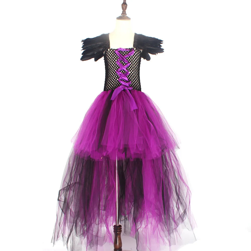 Maleficent Halloween Costume Maleficent Tulle Dresses Girls Cosplay Evil Queen Purple Mesh Princess Dress Kids Crow Wand