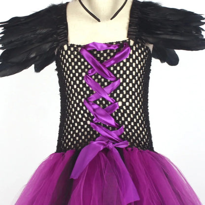 Maleficent Halloween Costume Maleficent Tulle Dresses Girls Cosplay Evil Queen Purple Mesh Princess Dress Kids Crow Wand