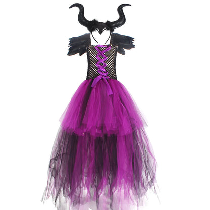 Maleficent Halloween Costume Maleficent Tulle Dresses Girls Cosplay Evil Queen Purple Mesh Princess Dress Kids Crow Wand