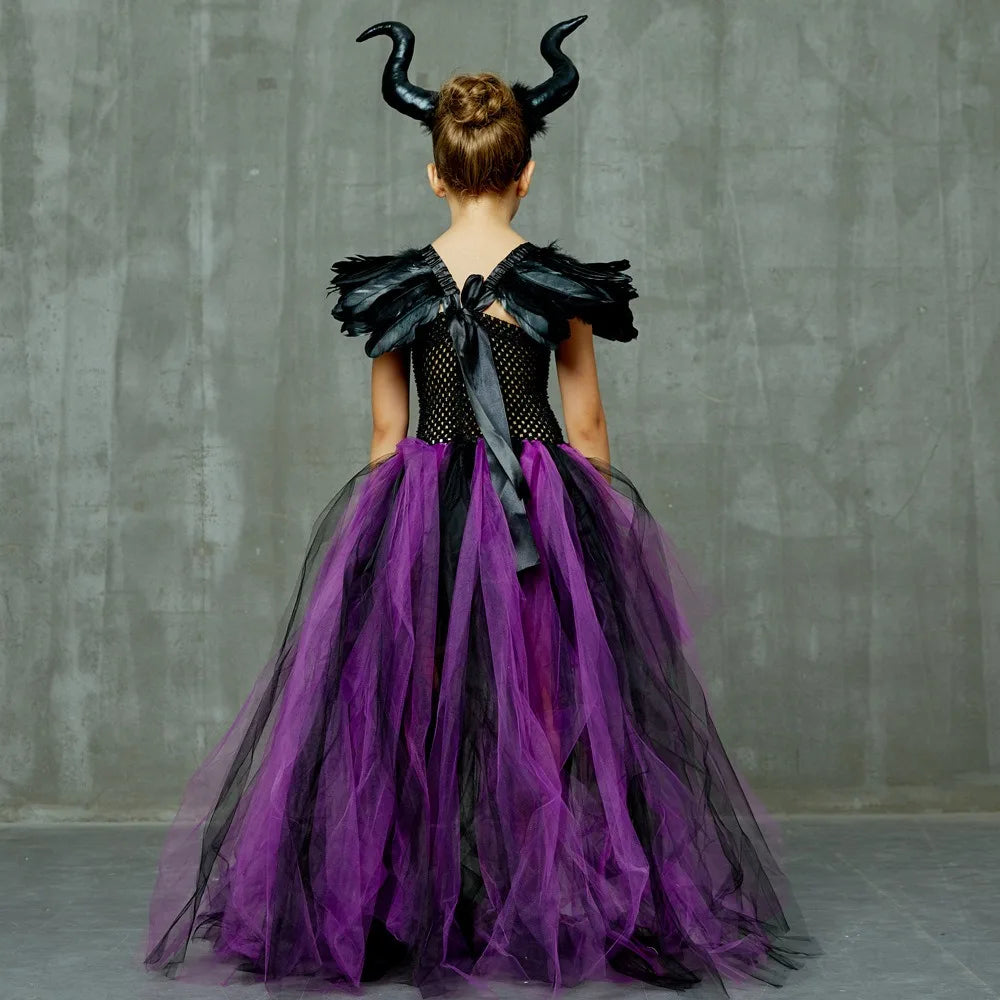 Maleficent Halloween Costume Maleficent Tulle Dresses Girls Cosplay Evil Queen Purple Mesh Princess Dress Kids Crow Wand