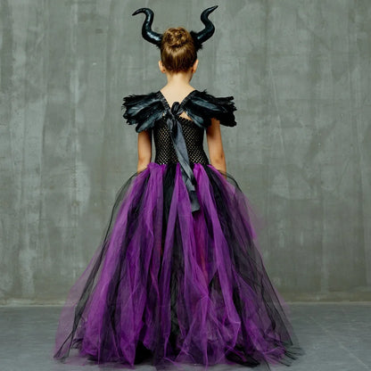 Maleficent Halloween Costume Maleficent Tulle Dresses Girls Cosplay Evil Queen Purple Mesh Princess Dress Kids Crow Wand