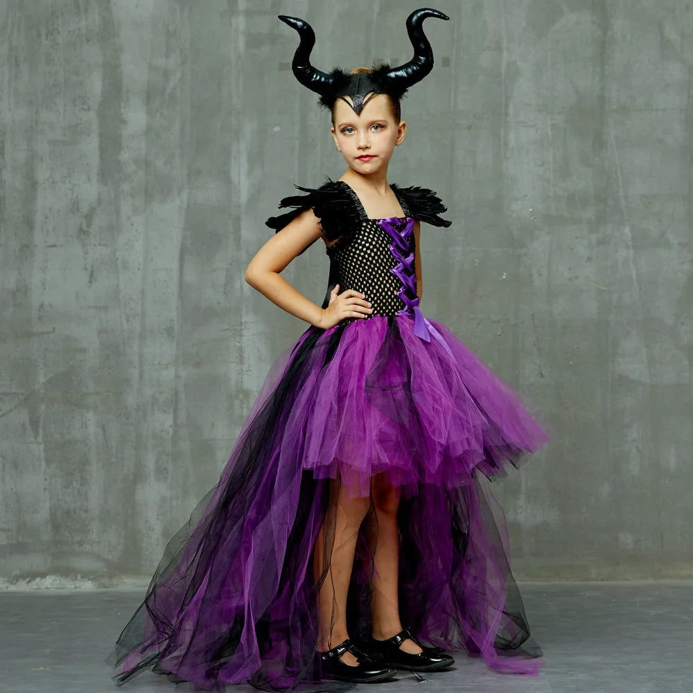 Maleficent Halloween Costume Maleficent Tulle Dresses Girls Cosplay Evil Queen Purple Mesh Princess Dress Kids Crow Wand