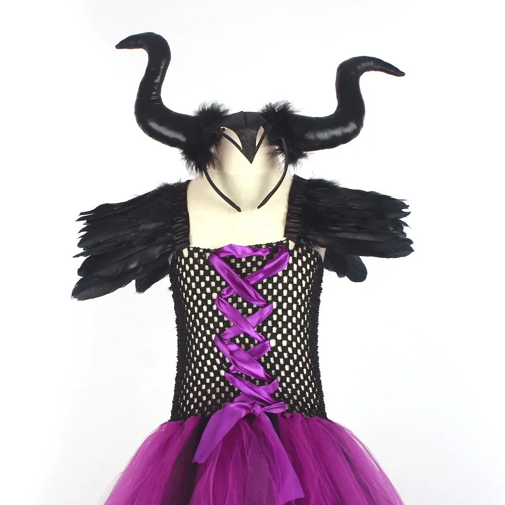 Maleficent Halloween Costume Maleficent Tulle Dresses Girls Cosplay Evil Queen Purple Mesh Princess Dress Kids Crow Wand